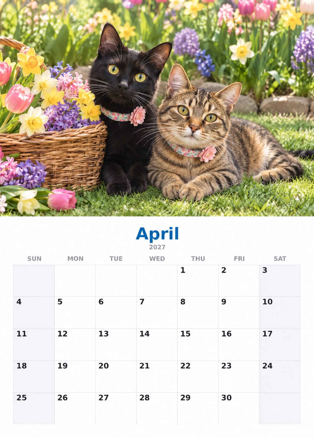 April: spring flowers page of the 2027 calendar, with the month’s dates below
