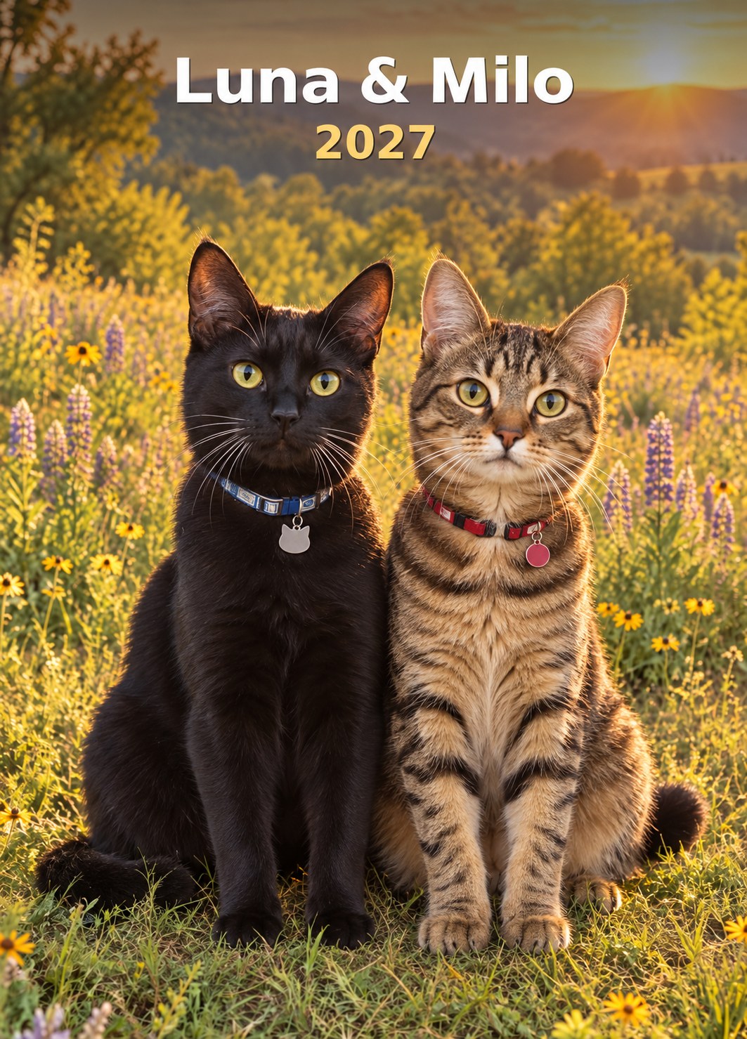 Calendar cover: Luna and Milo sitting in a sunny wildflower meadow, titled Luna & Milo 2027