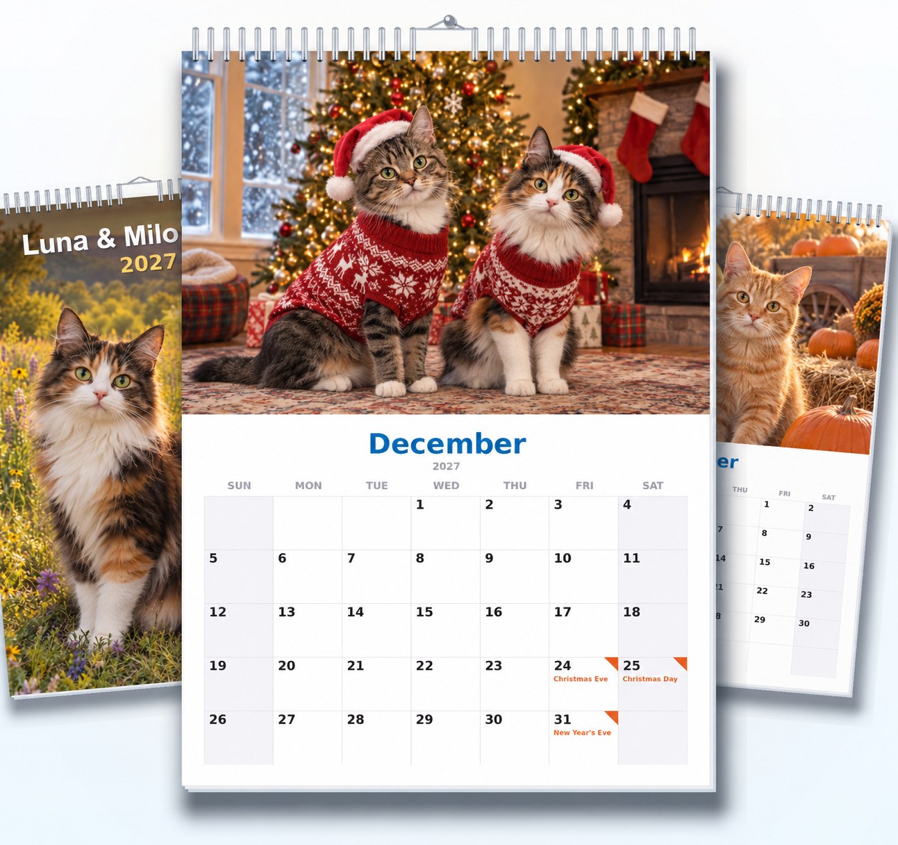 A personalized 2027 wall calendar featuring Luna and Milo