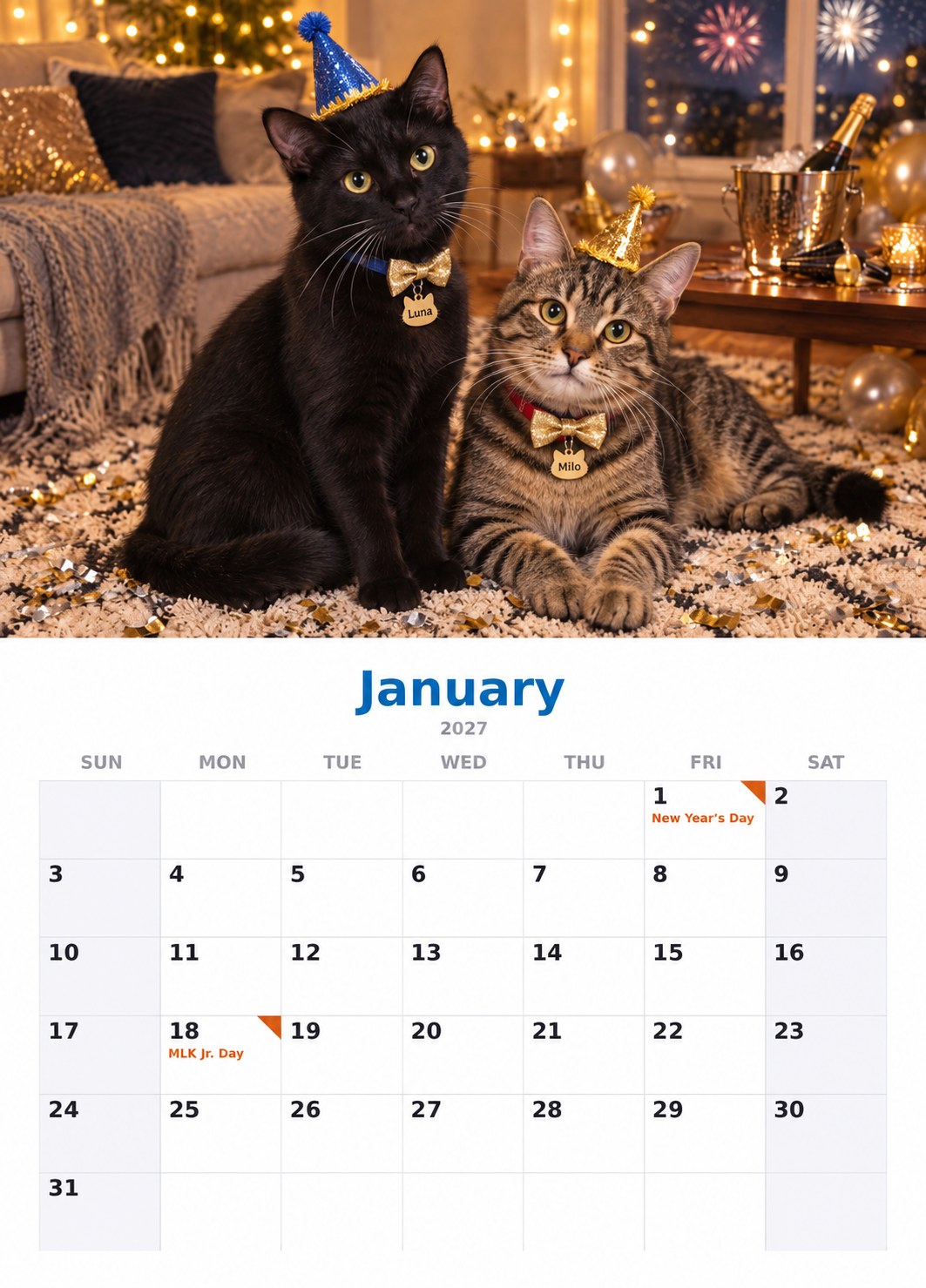 January: New Year’s party page of the 2027 calendar, with the month’s dates below