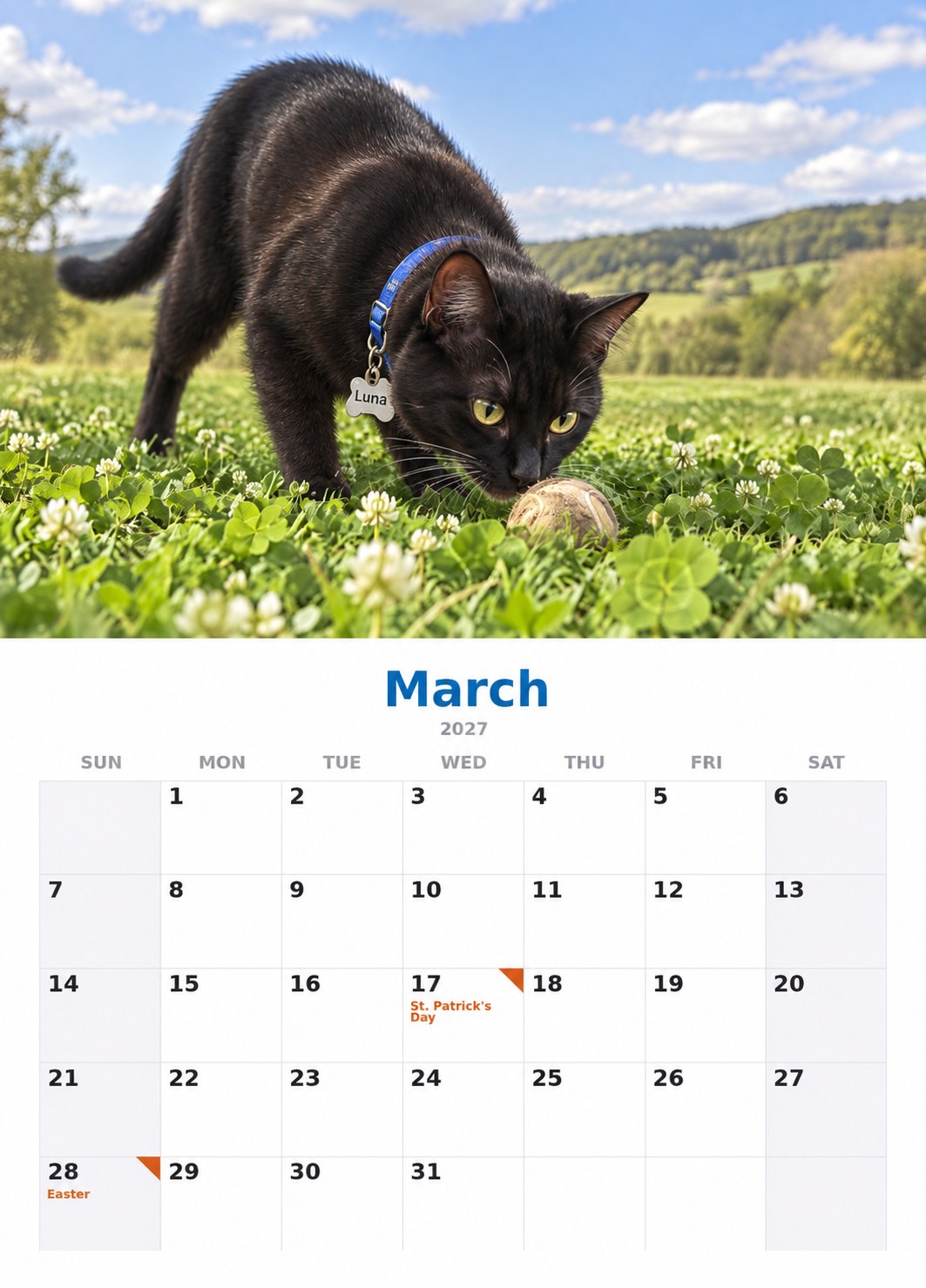 March: a spring meadow page of the 2027 calendar, with the month’s dates below