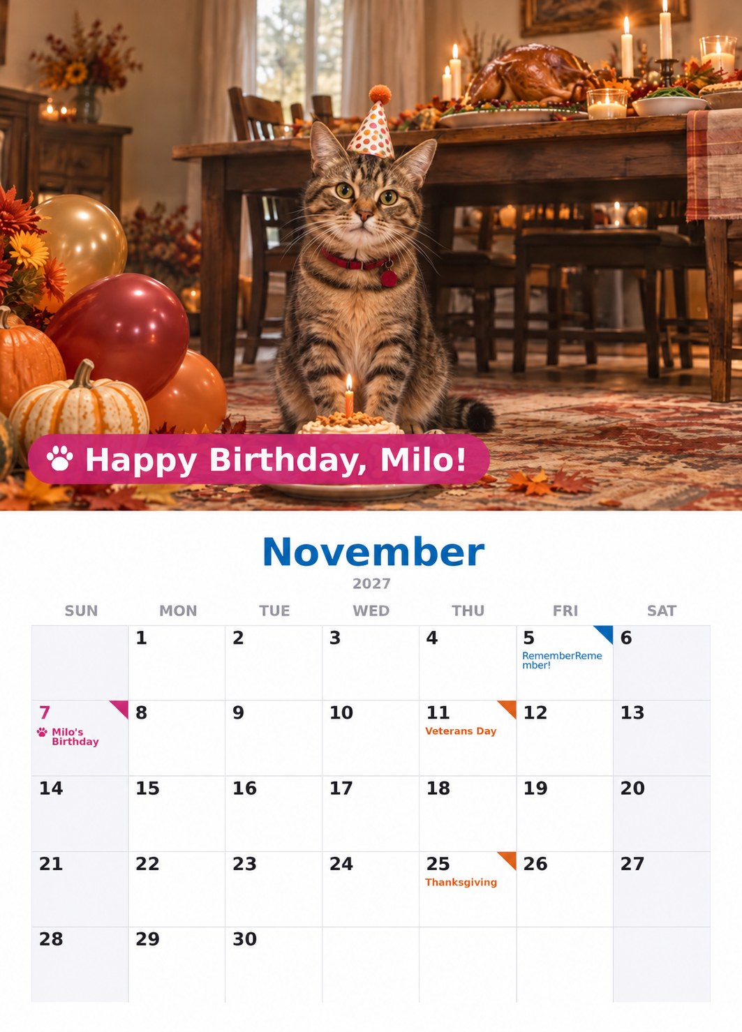 November page: Milo in a party hat with a birthday cake and a Happy Birthday, Milo! banner; November 7 is marked Milo’s Birthday