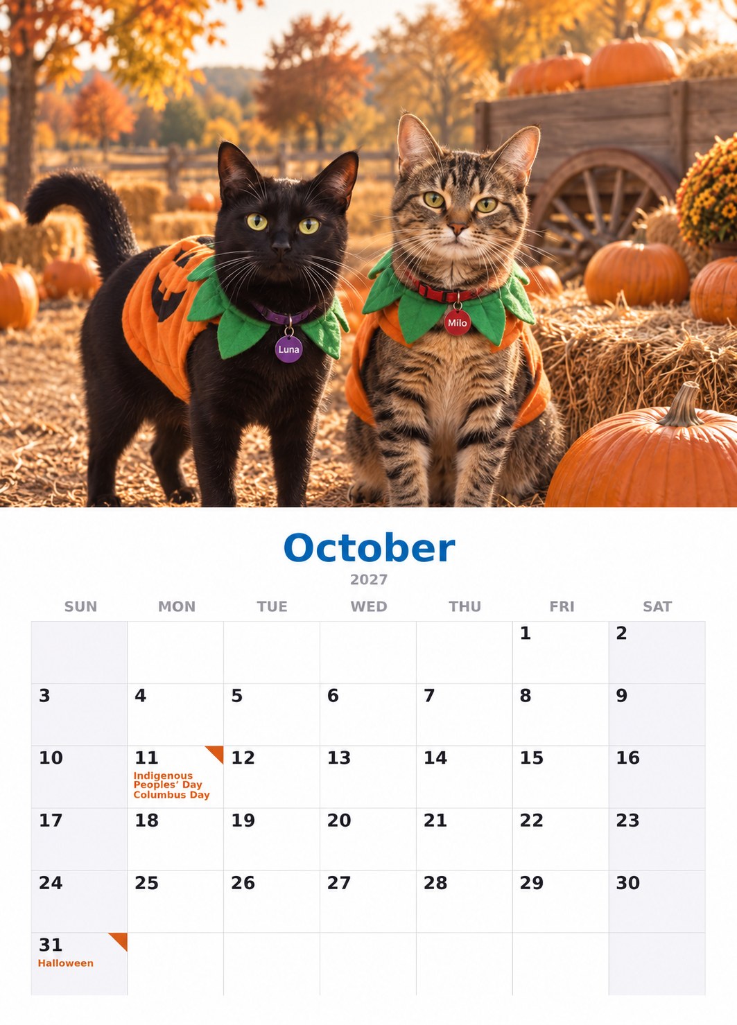 October: the pumpkin patch page of the 2027 calendar, with the month’s dates below