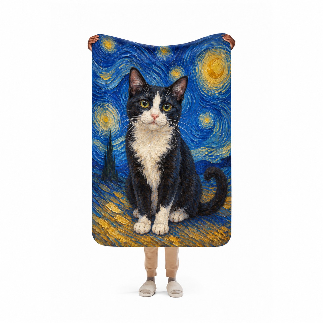 Someone holding up a sherpa blanket printed with a Van Gogh Starry Night style portrait of a Boston terrier