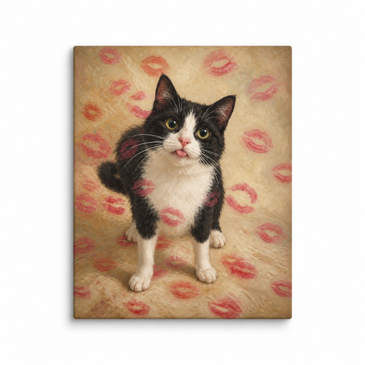 A gallery canvas with an oil painting of a Boston terrier sticking out its tongue, covered in lipstick kisses