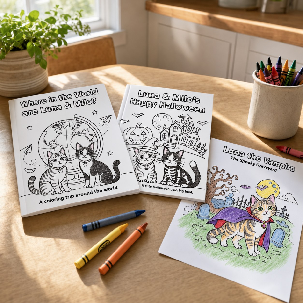 A printed personalized coloring book starring two cats, open on a table with crayons and a half-colored page
