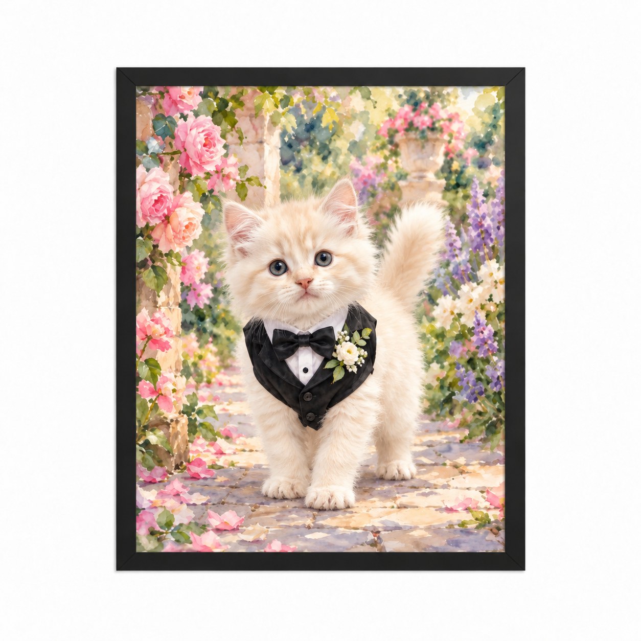 A black-framed watercolor portrait of a cream kitten in a tuxedo and bow tie in a rose garden