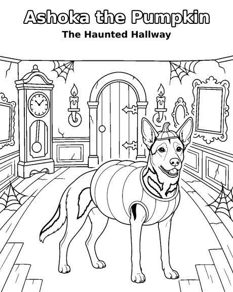 Sample page: a tabby cat dressed as a pumpkin in a haunted hallway