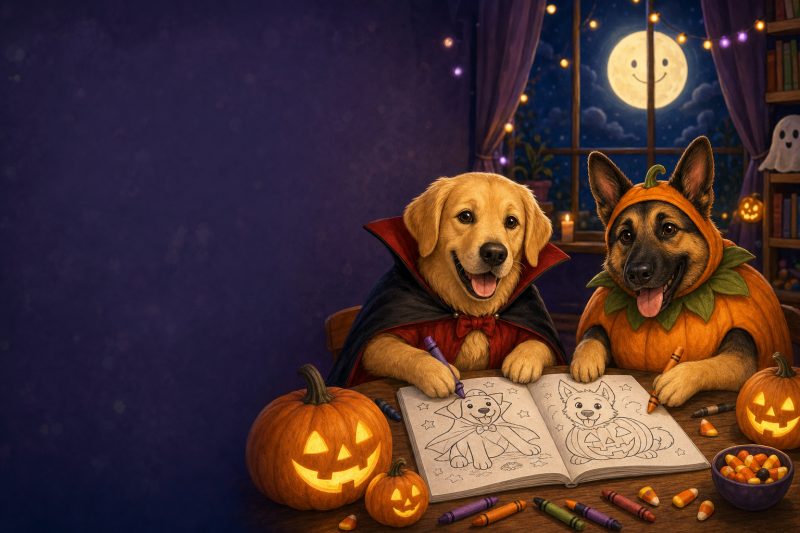 Two cats in Halloween costumes coloring at a table with jack-o'-lanterns