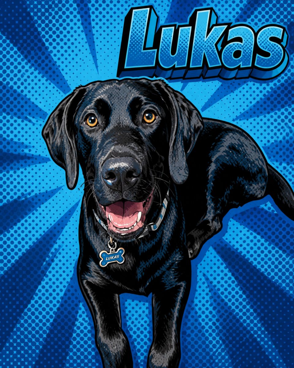 The same cat as a pop art portrait with his name, Luna, in bold comic letters