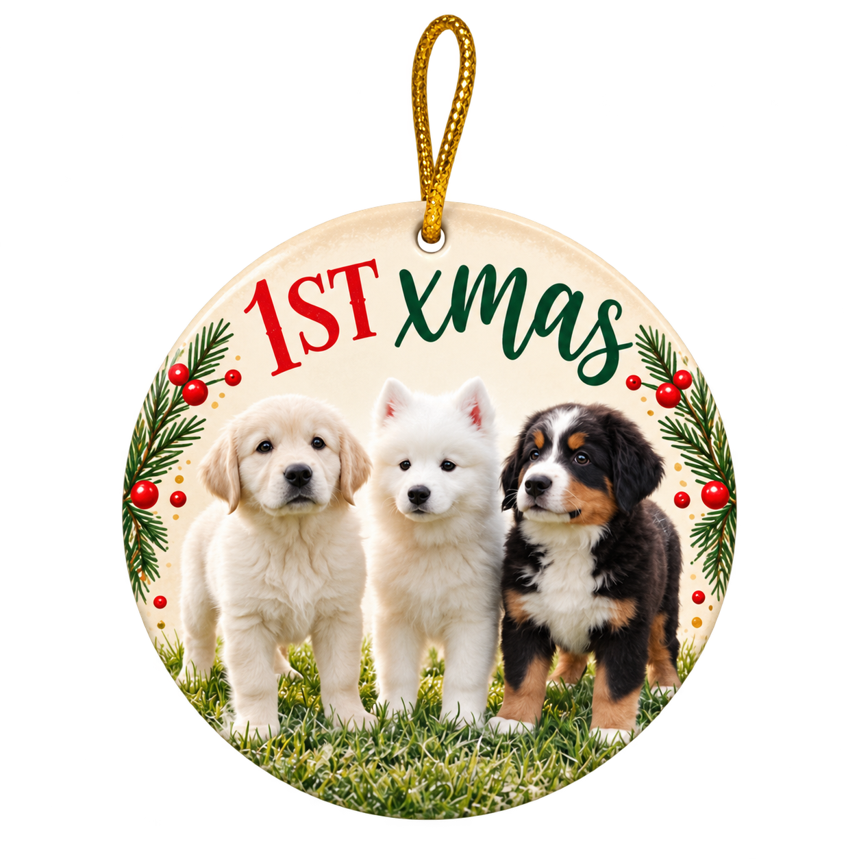 Round ceramic Christmas ornament with three kittens and a gold hanging loop, shown without background scenery