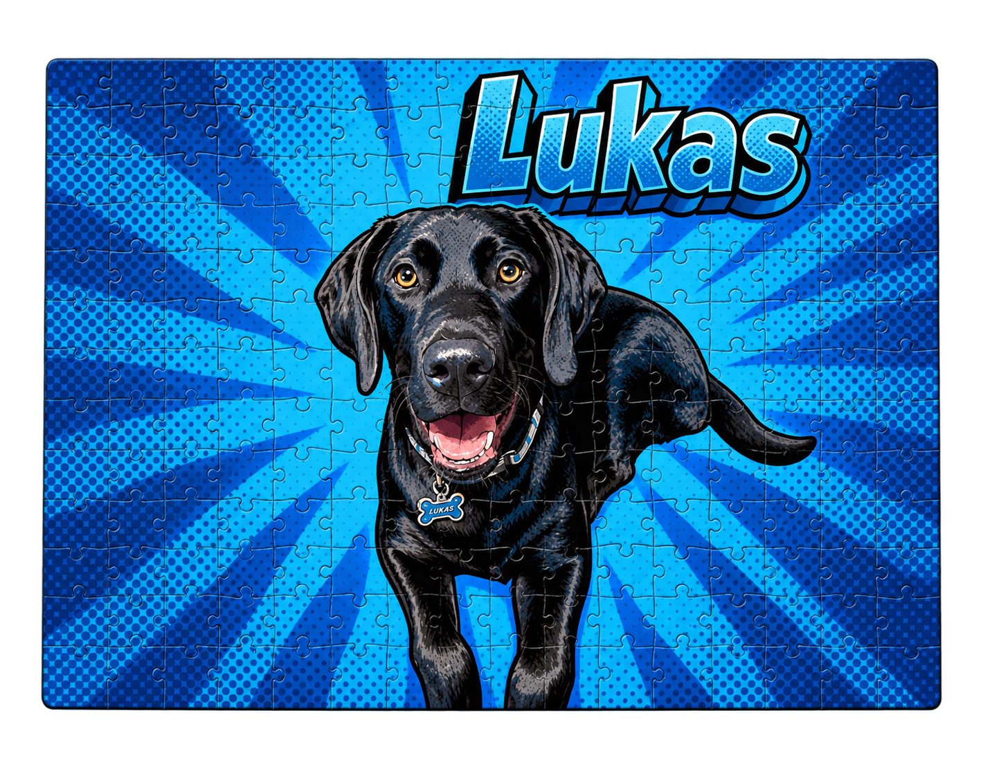 Finished jigsaw puzzle with Luna’s blue pop-art portrait and Luna lettering, without any portrait button or badge