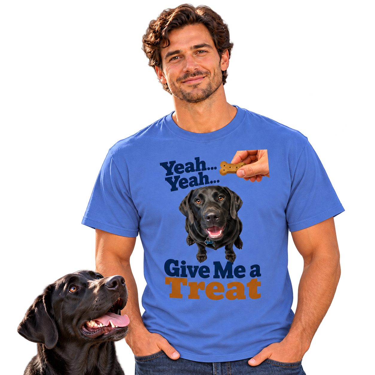 Model in a Mystic Blue Luna Give Me a Treat example shirt, with the black Labrador’s head beside him