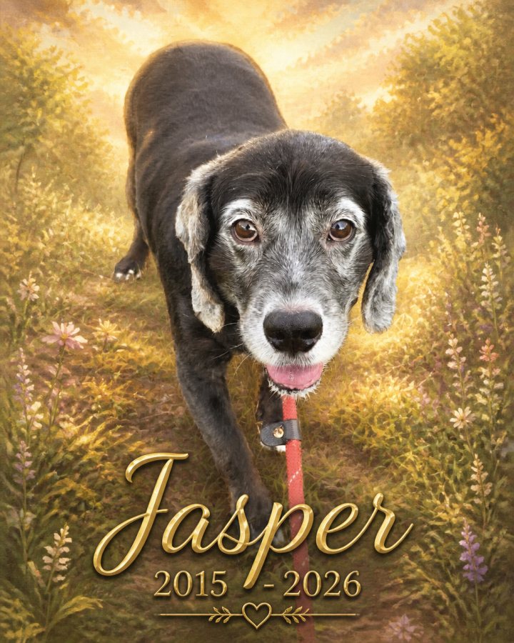 Memorial tribute portrait of Jasper, a senior black cat, 2015–2026