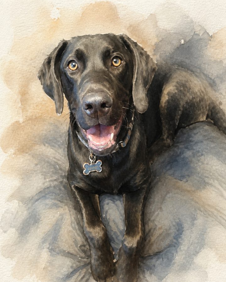 Watercolor portrait of Luna, a black cat